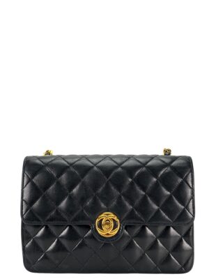 CHANEL - Black Lambskin Matelasse Round Logo Single Chain Shoulder Bag