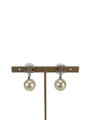 CHANEL - 22V Coco Mark Pearl Silver Metal Rhinestone Earrings