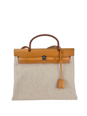 HERMES - Herbag 31 (PM) Black Beige Toile Vache Palladium Hardware